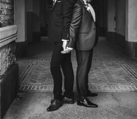 Homosexual newlyweds celebrating happy wedding day wearing black and blue suits. - 433508150