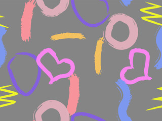 Cute seamless pattern with brush-drawn circles, hearts, strokes. Vector geometric textures