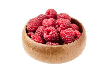 Fresh raspberries in wooden bowl isolated on white background. Red sweet raspberries