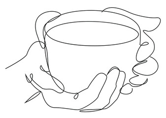 Silhouette of man's hands with a cup of coffee, tea in a modern one line style. Solid line, aesthetic outline for decor, posters, stickers, logo. Vector illustration.