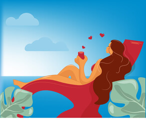 A cute girl on the beach lies in a sun lounger, drinks coffee or tea. Woman with a glass of wine by the sea. Pretty woman dreams of love. Summer, vacation at sea. Summer vector illustration.