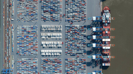 trade, ships and containers port of Bremerhaven, looking down aerial view from above, bird’s eye...