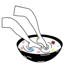 Bath filled with soapy liquid and flowers floating in the water, foot submerged inside, presentation for detoxifying foot bath icon. Relaxation for the feet, spa at home.