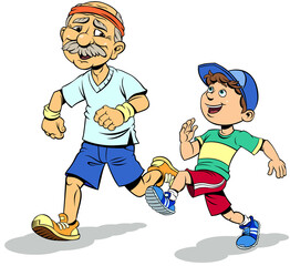 Happy elderly man with cute child running.
Color vector illustration of Cheerful grandfather and cute grandson 
running in sportswear.