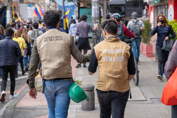 Bogota, Colombia,  May 12, 2021 human rights defenders during demonstration against government...