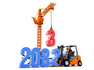 3D illustration of number 2083 with forklift and crane