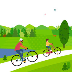 Dad, Daughter ride bicycle in woodland flat color vector. Father, baby kid cute cartoon illustration. Family active sport leisure activity. Parent, child together summer outdoor bicycling background