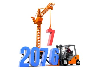 3D illustration of number 2077 with forklift and crane