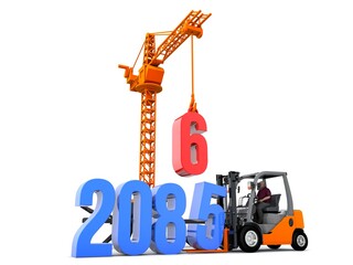 3D illustration of number 2086 with forklift and crane