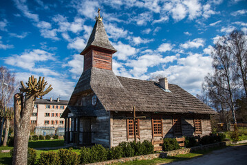 Fototapeta na wymiar Wooden catholic church in Kolka village, Latvia.