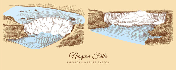 Color sketches of Niagara Falls, USA, hand-drawn. - obrazy, fototapety, plakaty