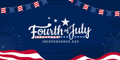 USA 4th of July modern colorful lettering design on USA waving flag and grunge, firework burst celebration background.
 - obrazy, fototapety, plakaty