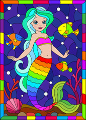 Obraz na płótnie Canvas Illustration in stained glass style with cute cartoon mermaid in the background of the seabed and fish