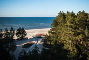 View of Baltic sea and pine trees, Kolka, Latvia.