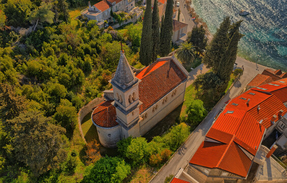 Aerial shot of the church in Racisce near Korcula is Old