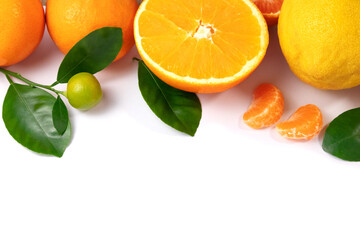 Ripe tangerines with leaves on a white background.