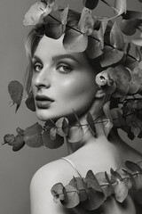 Young woman close-up in the studio on a beige background.Woman in the branches of eucalyptus.Natural makeup.Natural natural cosmetics.Model posing.