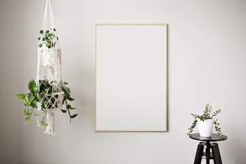 Bohemian style 16x20 thin wood frame poster mockup. 
