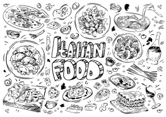 Hand drawn vector illustration. Doodle Italian food: pizza, chese, bruschetta, pasta carbonara, risotto, lasagna, pesto, ravioli, basil, meat fiorentina, wine