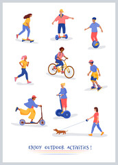 Fototapeta na wymiar Poster of people doing outdoor sport activity: running,walking dog,roller skating,skateboarding,bicycling,electric scooter,monocycle,hoverboard. Set of isolated cartoon character illustration.