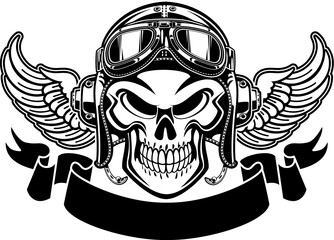 human skull with pilot helmet, wings and banner 