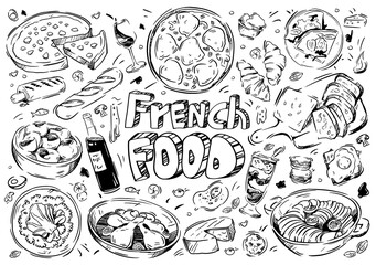 Hand drawn vector illustration. Doodle French food: ratatouille, souffle, wine, cheese, meat, bourguignon, bread, snails, macaroon