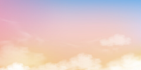 Sky with fluffy clouds in pastel tone light blue, pink and orange colour,Backdrop of Fantasy magical natural sunset sky on Spring, Summer,Autumn, Winter, Vector sweet background for four season banner