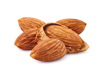 Almonds in closeup isolated on white background. Nuts isolated.