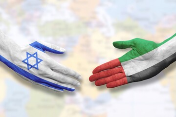 Israel and United Arab Emirates - Flag handshake symbolizing partnership and cooperation