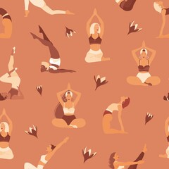 Vector seamless pattern. Pilates exercises. Relaxing and harmony lifestyle. Young and happy women meditates and practicing yoga. Trendy hand-drawn cartoon flat pattern.