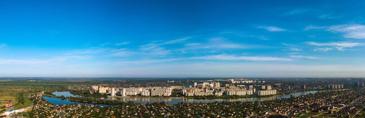 river Kuban and lake Brzhegokai near the city of Krasnodar in southern Russia on a sunny May morning - aerial very large panorama view.  - obrazy, fototapety, plakaty