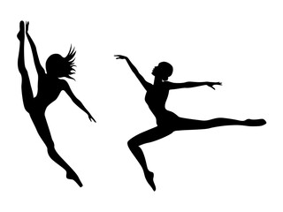 Abstract black stencil silhouettes of attractive slender ladies dancer in jump, hand drawing vector illustration