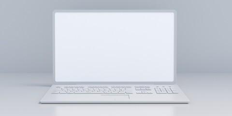 Laptop open blank screen white keyboard on white background. 3d illustration
