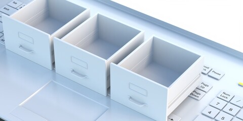 Filing archives cabinet on a laptop keyboard. 3d illustration