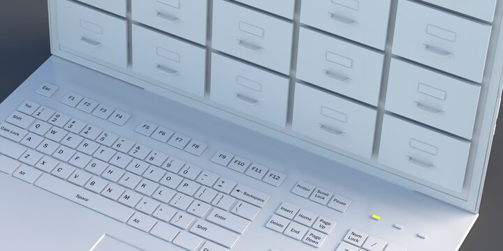 Filing archives cabinet on a laptop screen. 3d illustration