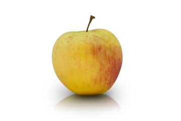 One ripe, yellow-red apple on a white background. 