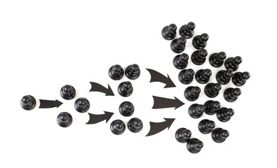 Black chess pieces are pawns on a white background. The concept of network marketing. Business.
