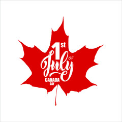 1st of July Canada Day handwritten text on red maple leaf background. Modern brush ink calligraphy with symbol of Canada. Hand lettering. Holiday design, print, logo, postcard. Vector illustration