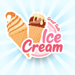 Tasty colorful ice cream label.  Summer poster, flyer or banner. Cartoon style vector illustration. Blue sunburst background. Chocolate, vanilla and caramel soft ice cream in a waffle cone. 
