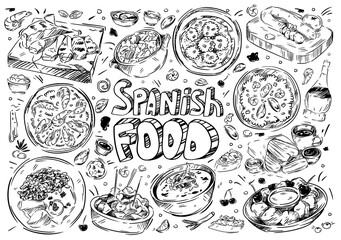 Hand drawn vector illustration. Doodle Spanish food: gazpacho, fabada, paella, patatas bravas, chorizo, leche frita, churros, wine, tapas, garlic prawns, allioli, albondigas