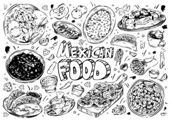 Hand drawn vector illustration. Doodle Mexican food: carnitas huevos rancheros, churros, instant pot black beans, classic tres leches cake, street corn, pico de gallo, taco, burrito, lime, salsa