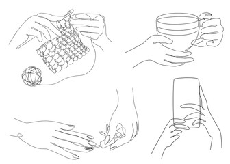 Silhouette of man's hands with a cup of coffee, phone, knitting, manicure in modern one line style. Solid line, aesthetic outline for decor, posters, stickers, logo. Vector illustration.