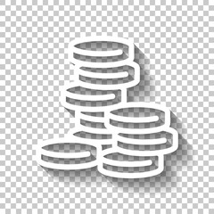 Stack of money coins, dollar or euro, business icon. White linear icon with editable stroke and shadow on transparent background