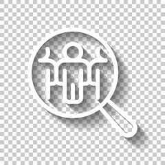 Human Resource, recruit to a job, search experts, talent people, business icon. White linear icon with editable stroke and shadow on transparent background