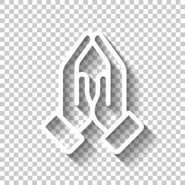 Praying Hands, Emoji Symbol, Simple Icon. White Linear Icon With Editable Stroke And Shadow On Transparent Background