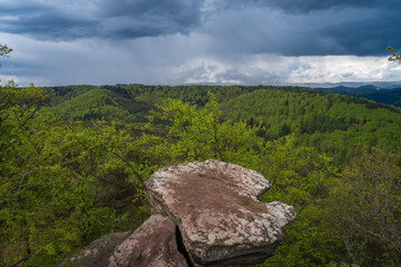 Panoramic view on the Palatinate Forest as seen from the Drachenfels near Bad Duerkheim in Germany.