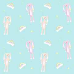Cute rabbit pattern with magic wand and rainbow