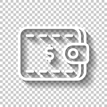 Simple wallet icon, place for money and cards. White linear icon with editable stroke and shadow on transparent background