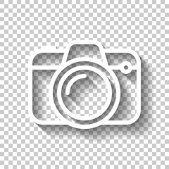 Photo camera, simple digital icon. White linear icon with editable stroke and shadow on transparent background - obrazy, fototapety, plakaty
