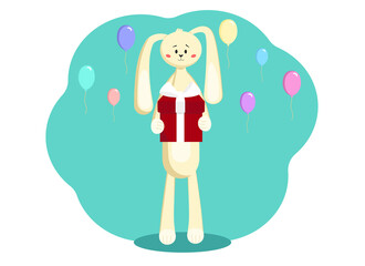 Obraz premium Illustration of a hare with a gift in its paws and many balloons around